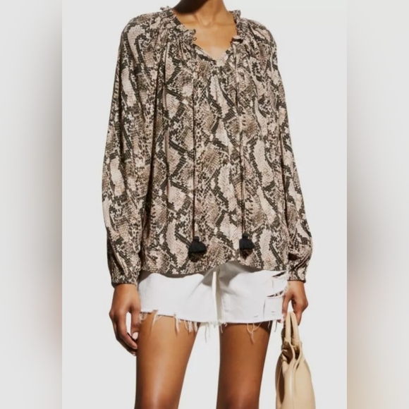 Figue Tops - Figue Blouse Lilah Beige Snakeskin Print Womens Medium Long Puff Sleeves Tassel